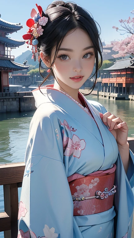 (Highest quality、 8k 、masterpiece、High resolution)、 Official Art、A woman in a kimono standing on a terrace、(Flower patterned kimono), (Beautiful Face,Beautiful Eyes,Beautiful nose,Pretty lips)、(The best CG)、Background、blue sky、Five-story pagoda、river、Mountain、Pavilion、Streetscape、