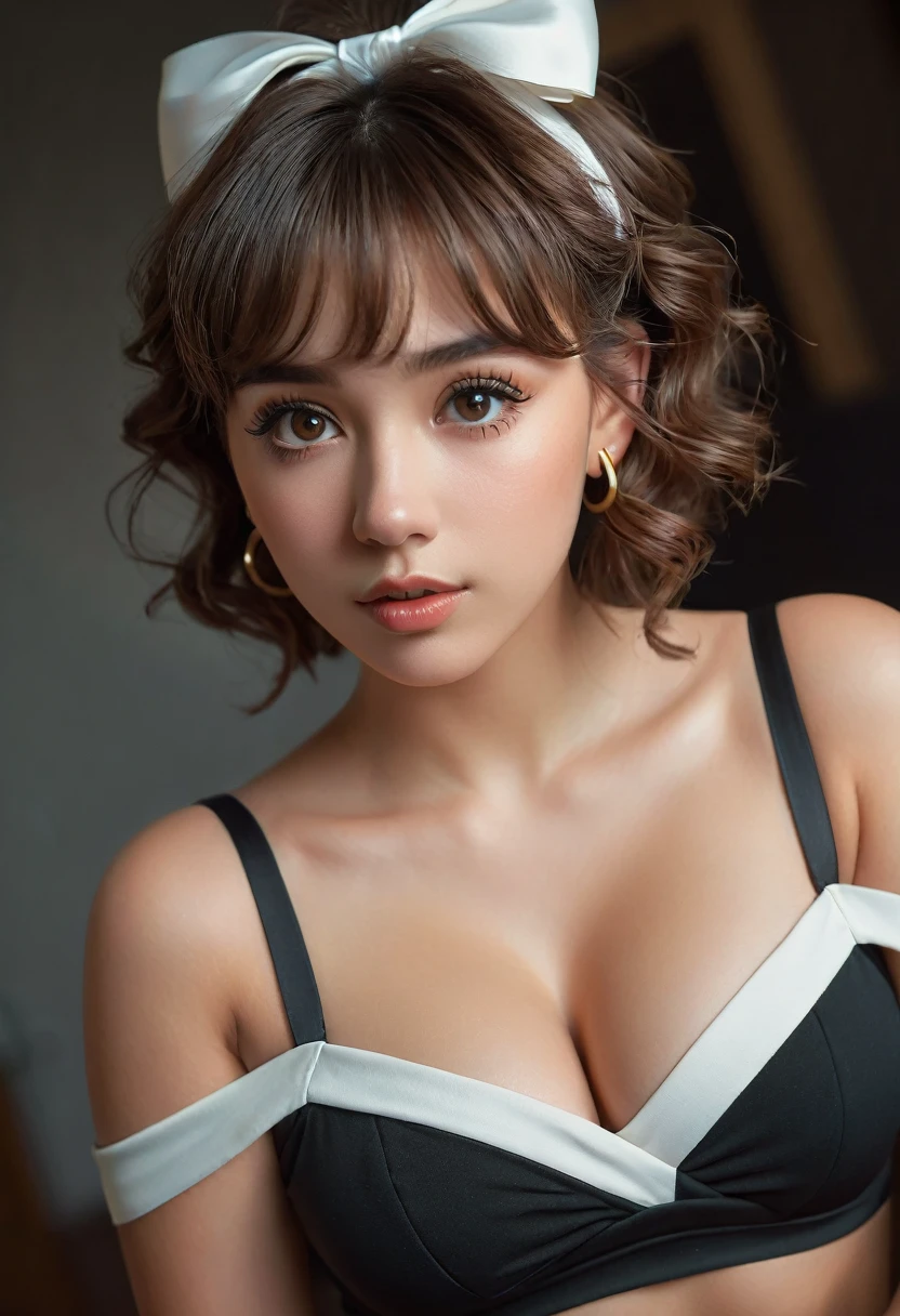 (best quality, 4k, highres, highres face details),18 yrs old, 1girl, solo, athletic figure, tan skin, hoop earrings, perfect nose, perfect lips, fake lashes, large breasts, large butt, deep cleavage, pretty face, cute face, wearing an off the shoulder white blouse, midriff showing, wearing leggings, brown hair, short curly hair, crossed bangs, brown eyes, constricted pupils, hair ribbon, hoop earrings, cinematic lighting, Ultra-Wide Angle, Canon, Hyperrealism, UHD, masterpiece, textured skin, high details, best quality, detailed eyes, detailed iris, full body image, posing for the camera