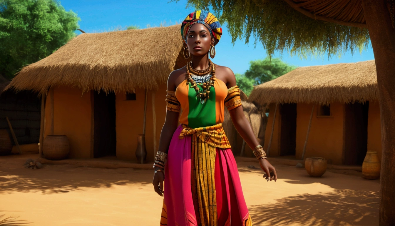 there is a woman in a colorful dress standing in front of a hut, african queen, epic 3 d oshun, black african princess, african princess, stunning african princess, african woman, dark skin female goddess of love, african, epic 3 d yemaya, ancient libu princess, wearing an elegant tribal outfit, african sybil, wearing an african dress