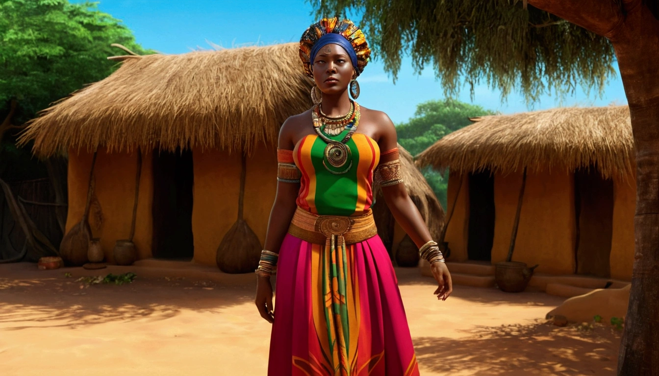 there is a woman in a colorful dress standing in front of a hut, african queen, epic 3 d oshun, black african princess, african princess, stunning african princess, african woman, dark skin female goddess of love, african, epic 3 d yemaya, ancient libu princess, wearing an elegant tribal outfit, african sybil, wearing an african dress