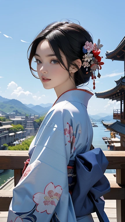 (Highest quality、 8k 、masterpiece、High resolution)、 Official Art、A woman in a kimono standing on a terrace、(Flower patterned kimono), (Beautiful Face,Beautiful Eyes,Beautiful nose,Pretty lips)、(The best CG)、Background、blue sky、Five-story pagoda、river、Mountain、Pavilion、Streetscape、