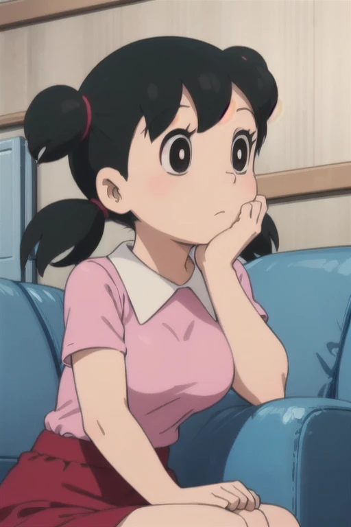 drsizukachan1,,1girl, solo, upper body, red skirt, black hair, twintails, large breasts, short twintails, backrest on sofa,