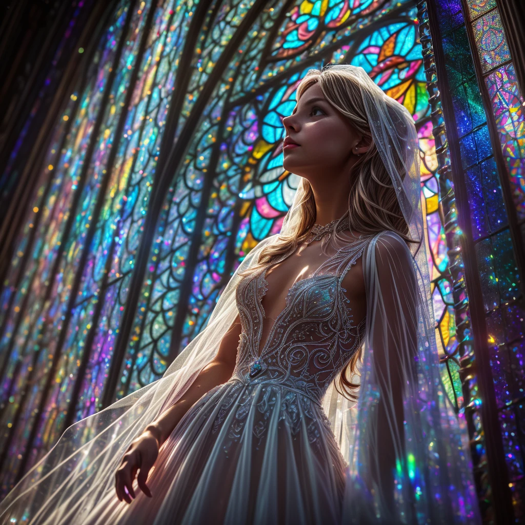 (Cathedral from below:1.28) (ZoomLayer) TopQuality 8K masterpiece of ((Professional photo)), (((Clarisse de Cagliostro))) (Detailed White WeddingDresses), Chain, (((Extremely detailed KAWAII face))) {((VeiledFace))|BlondeHair|(Elaborate BuleEyes)with(SparklingHighlights:1.28)}, The background is distant (((Elaborate stained glass))) Rainbow Glass, {(MysticSight)|EnchantingAtmosphere|Haze|(GodRays)|TyndallEffect}, Radiant PearlSkin with Transparency, (Exposed:0.39)