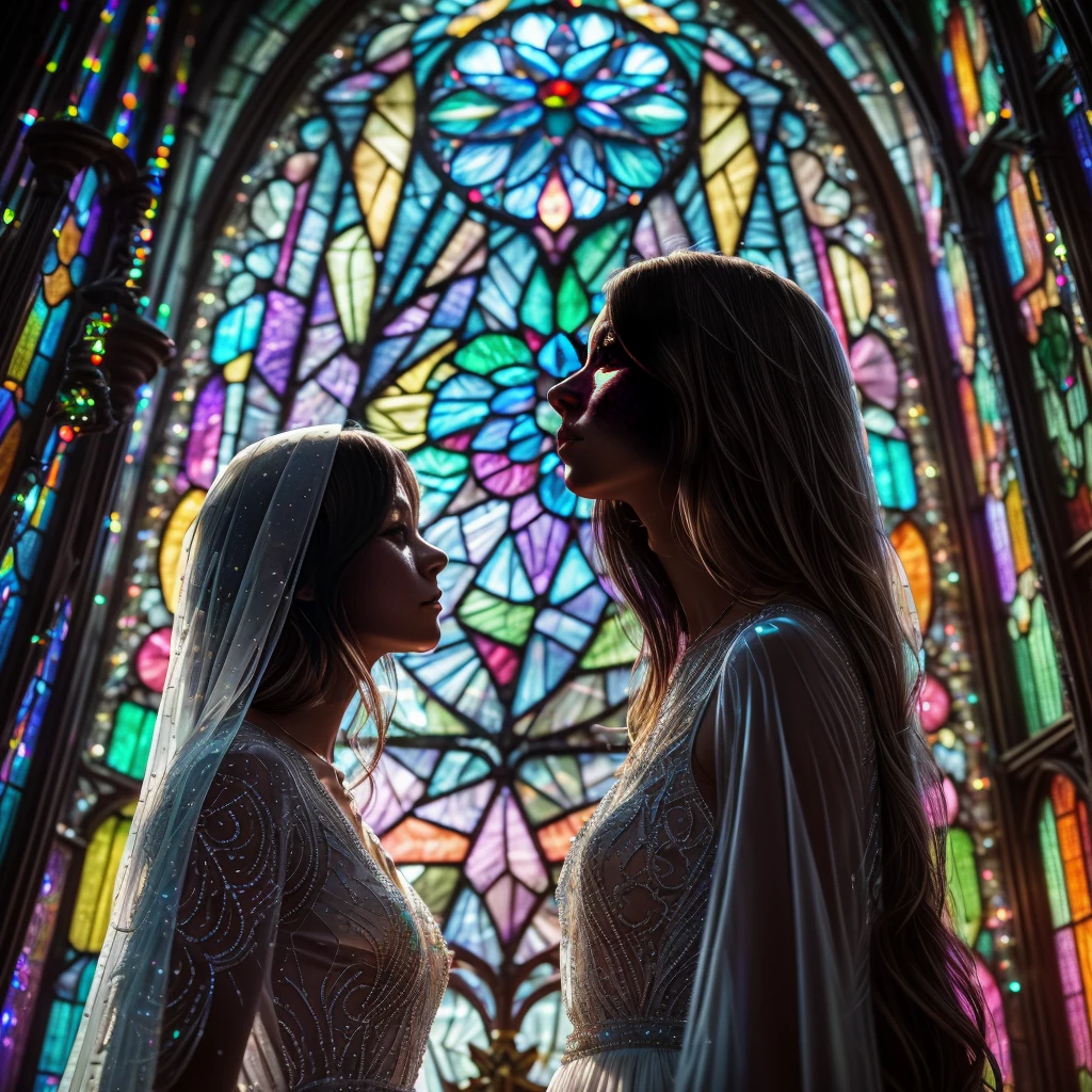 (Cathedral from below:1.28) (ZoomLayer) TopQuality 8K masterpiece of ((Professional photo)), (((Clarisse de Cagliostro))) (Detailed White WeddingDresses), Chain, (((Extremely detailed KAWAII face))) {((VeiledFace))|BlondeHair|(Elaborate BuleEyes)with(SparklingHighlights:1.28)}, The background is distant (((Elaborate stained glass))) Rainbow Glass, {(MysticSight)|EnchantingAtmosphere|Haze|(GodRays)|TyndallEffect}, Radiant PearlSkin with Transparency, (Exposed:0.39)