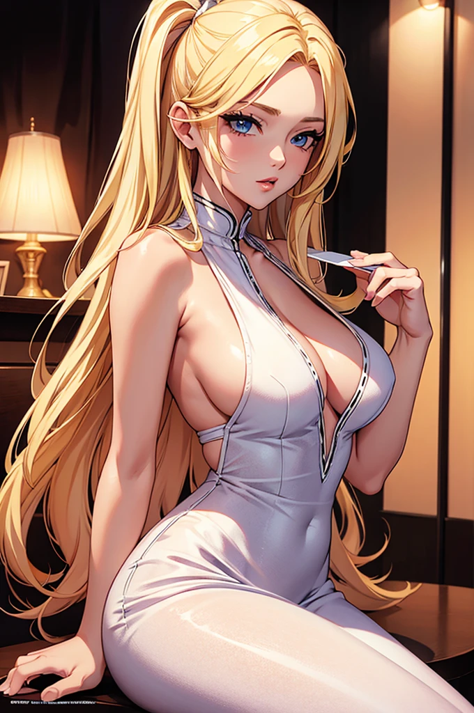 female character, blonde long hair almost white, wearing sexy dress, sexy pose, doing shots for a magazine with professional photographers, manhwa art style