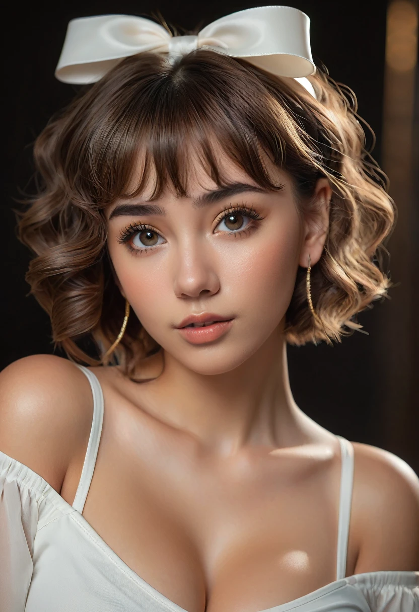 (best quality, 4k, highres, highres face details),18 yrs old, 1girl, solo, athletic figure, tan skin, hoop earrings, perfect nose, perfect lips, fake lashes, large breasts, large butt, deep cleavage, pretty face, cute face, wearing an off the shoulder white blouse, midriff showing, wearing leggings, brown hair, short curly hair, crossed bangs, brown eyes, constricted pupils, hair ribbon, hoop earrings, cinematic lighting, Ultra-Wide Angle, Canon, Hyperrealism, UHD, masterpiece, textured skin, high details, best quality, detailed eyes, detailed iris, full body image, posing for the camera