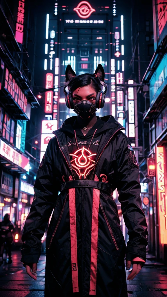 Design a striking cyberpunk-inspired image of a mysterious character, wearing an intricate Oni mask, immersed in the world of music through headphones. The dark background should be illuminated by vibrant cyberpunk neon lights, casting an otherworldly glow on the character's attire, mask, and the surrounding elements. Capture the fusion of futuristic technology and traditional mysticism as this enigmatic figure finds solace and connection through the music amidst the chaotic cyberpunk cityscape. Let the interplay of darkness and neon light create an atmosphere that's both alluring and enigmatic.