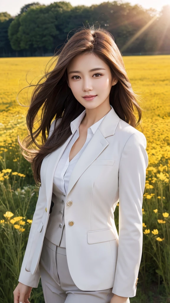 highest quality、genuine、Super detailed、finely、High resolution、8k wallpaper、one beautiful woman、、、light brown disheveled hair、wearing a business suit、sharp focus、perfect dynamic composition、beautiful and detailed eyes、thin hair、Detailed genuine skin texture、smile、model body shape、In a windswept meadow