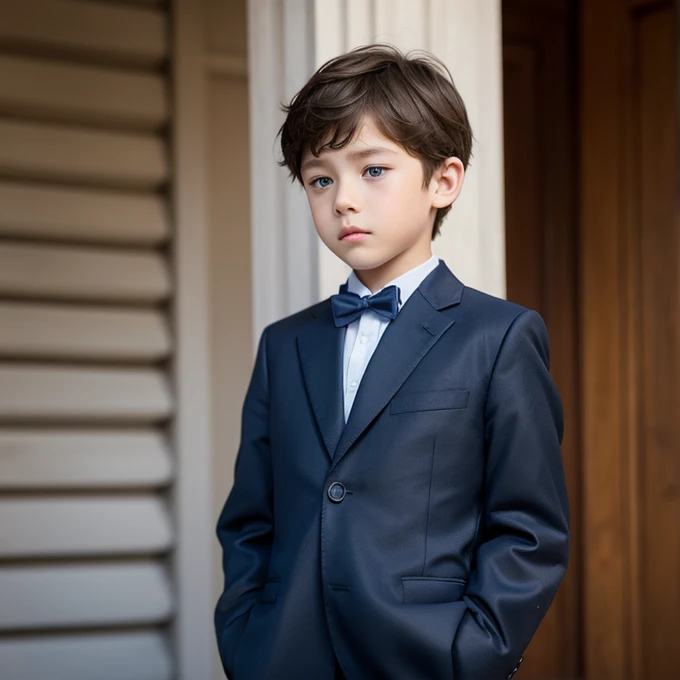 a beautiful boy, s, very fine European features, Brown hair, blue eyes, very formal London clothes, sad look, peaceful look.