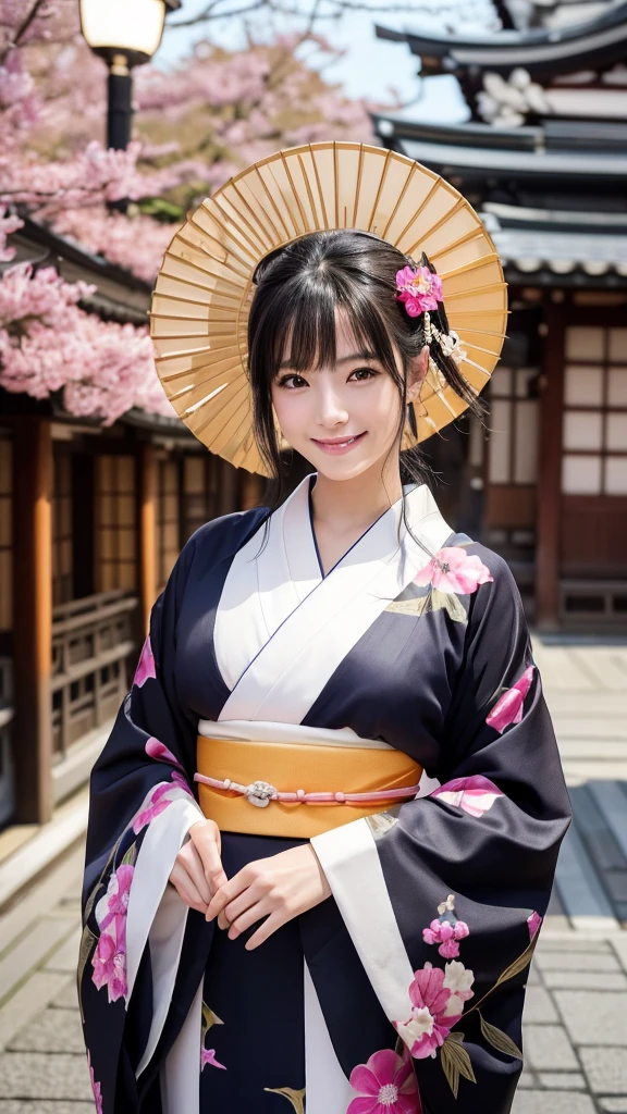 (Super beautiful woman in kimono)、((highest quality、8K masterpiece:1.3))、sharp focus:1.2、(super beautiful face:1.0)、(shiny skin:1.0)、realistic pictures、black hair、video lighting、High resolution eyes and face、video lighting、japanese actress、from the front、with a happy smile、whole body、wearing a kimono、in Kyoto、(luxury obi)、with a fan
