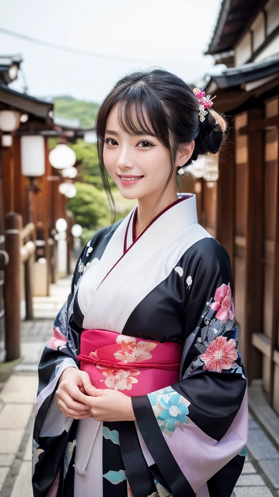 (Super beautiful woman in kimono)、((highest quality、8K masterpiece:1.3))、sharp focus:1.2、(super beautiful face:1.0)、(shiny skin:1.0)、realistic pictures、black hair、video lighting、High resolution eyes and face、video lighting、japanese actress、from the front、with a happy smile、whole body、wearing a kimono、in Kyoto、(luxury obi)、with a fan