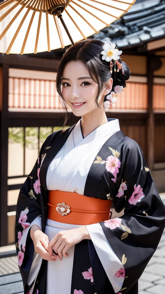 (Super beautiful woman in kimono)、((highest quality、8K masterpiece:1.3))、sharp focus:1.2、(super beautiful face:1.0)、(shiny skin:1.0)、realistic pictures、black hair、video lighting、High resolution eyes and face、video lighting、japanese actress、from the front、with a happy smile、whole body、wearing a kimono、in Kyoto、(luxury obi)、with a fan