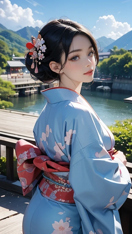 (Highest quality、 8k 、masterpiece、High resolution)、 Official Art、A woman in a kimono standing on a terrace、(Flower patterned kimono), (Beautiful Face,Beautiful Eyes,Beautiful nose,Pretty lips)、(The best CG)、Background、blue sky、Five-story pagoda、river、Mountain、Pavilion、Streetscape、