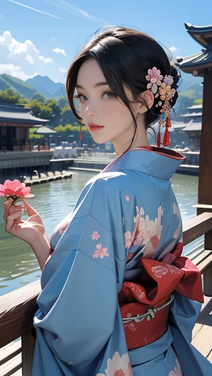 (Highest quality、 8k 、masterpiece、High resolution)、 Official Art、A woman in a kimono standing on a terrace、(Flower patterned kimono), (Beautiful Face,Beautiful Eyes,Beautiful nose,Pretty lips)、(The best CG)、Background、blue sky、Five-story pagoda、river、Mountain、Pavilion、Streetscape、