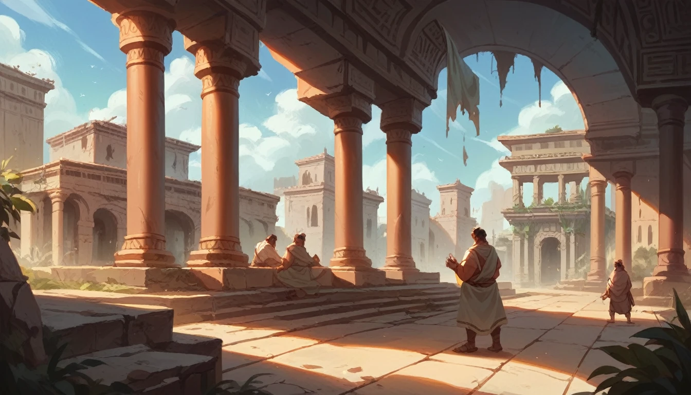 Capture Divya and Aarav walking together near the ruins of Kandahar in Vikramshila, setting the scene with ancient architecture in the background.