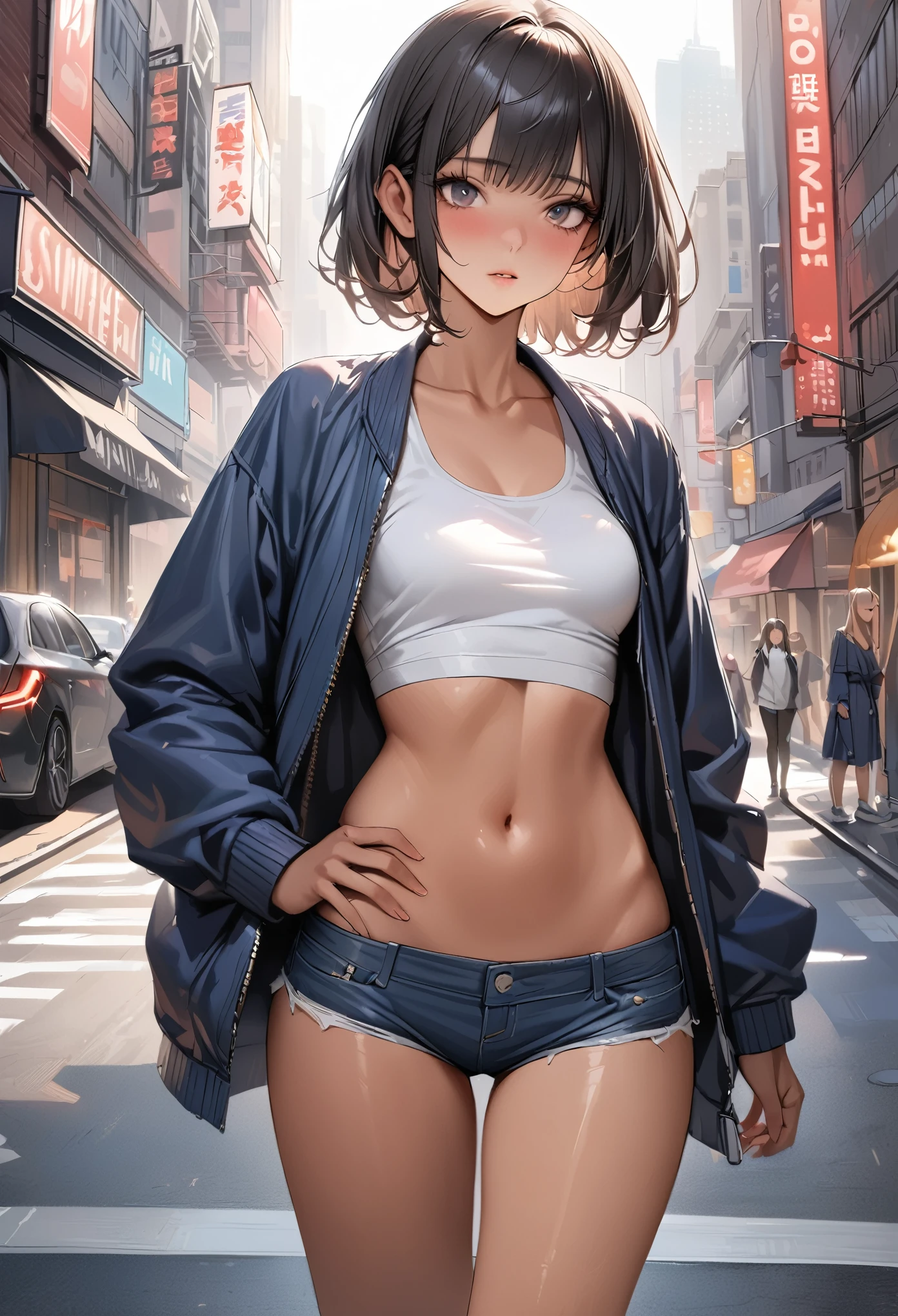 ((masterpiece,Highest quality:1.3,best quality illustration)),(realistic:1.2)、cowboy shot,独奏,1woman,(Mature Beauty),black hair,(very short bob hair),bangs,black eyes,(gorgeous big eyes),(very small head),blush,(very long body,skinny,slender body,tan skin),((Navy blue baseball jacket)),small breasts,gleaming skin,oily skin,denim micro shorts,Wearing a white tank top and a blouson,on street,New York City、