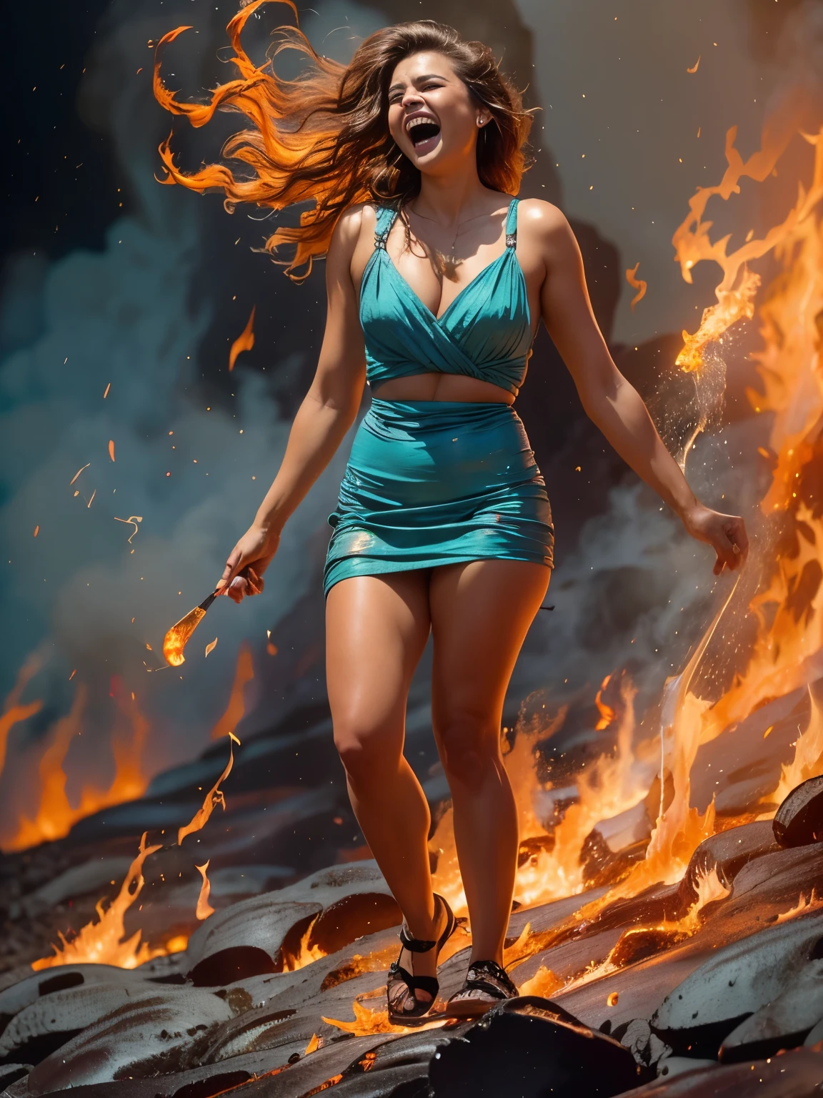 (masterpiece), cartoon, best quality，(photo_(medium):1.0), by Antonio J. Manzanedo, by Jeremy Lipking, lightning, painting style with watercolor, Brushstrokes, black  eyes,colorful，vibrant blue hues colors full body shot, ((she’s the Death)), (((laughing out loud)), (((She walks into a lava ground))). Cleavage. ((Burning hands)) Distorted Space, Dramatic Lighting, Sparkles, flames, heavy smoke.