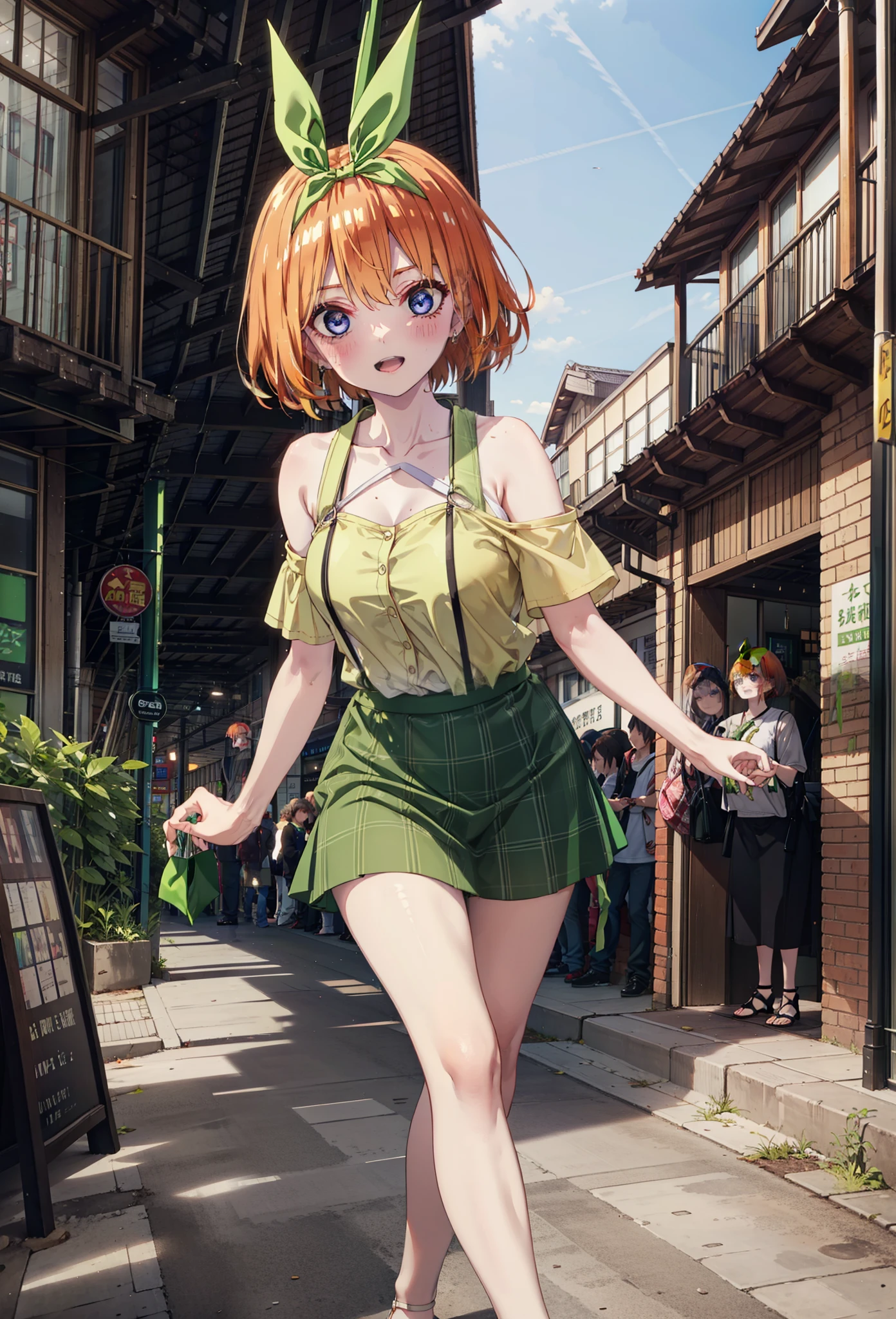 Yotsubanakano, Fourth floor Nakano, bangs, short hair, blue eyes, Hair between the eyes, hair ribbon, hair band, Orange Hair, (Green ribbon:1.5), smile, Open your mouth,blush,Cold Shoulder Shirt,Short sleeve,mini skirt,Heeled Sandals,Walking,True Summer,Clear skies,Daytime,Palm tree,whole bodyがイラストに入るように,
break outdoors, tropical,Tropical,Shopping Street,Shopping mall,
break looking at viewer,whole body,
break (masterpiece:1.2), Highest quality, High resolution, unity 8k wallpaper, (figure:0.8), (Beautiful attention to detail:1.6), Highly detailed face, Perfect lighting, Highly detailed CG, (Perfect hands, Perfect Anatomy),