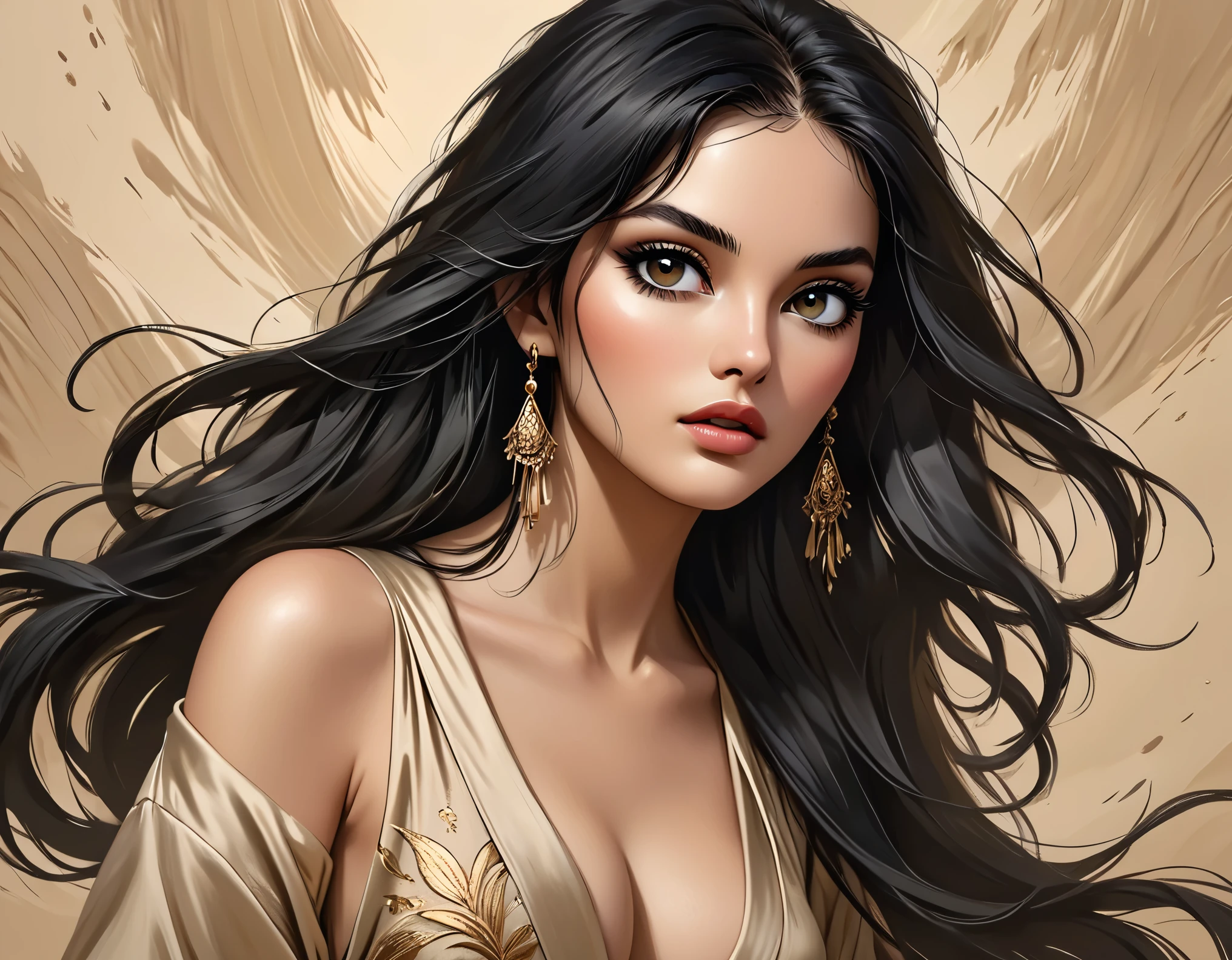 Create a hyperrealistic digital matte painting portraying a flawless, young woman with (long, flowing black hair:1.3) against a textured beige background. Rendered with intricate skin texture, sharp focus on facial features, and fluid, dynamic brushstrokes for hair and clothing. Her beauty is truly striking with her glossy, slightly parted lips and how her dark smokey eye makeup accentuates her (intense, sultry and alluring gaze:1.3) akin to 'bedroom eyes'. She is (barely wearing:1.2) a loosely undone, multicolored, (delicate silk robe:1.4) which has (seductively slipped off:1.3) half of her body, revealing her bare shoulder and (entire left breast:1.5) while the other remains (teasingly hidden:1.1). She adorns delicate jewelry, including earrings and a pendant necklace. The overall atmosphere arouses feelings of (sensuality, desire:1.4), and boldness in the viewer. Theme: A fusion of traditional femininity and natural beauty with artistic expression.