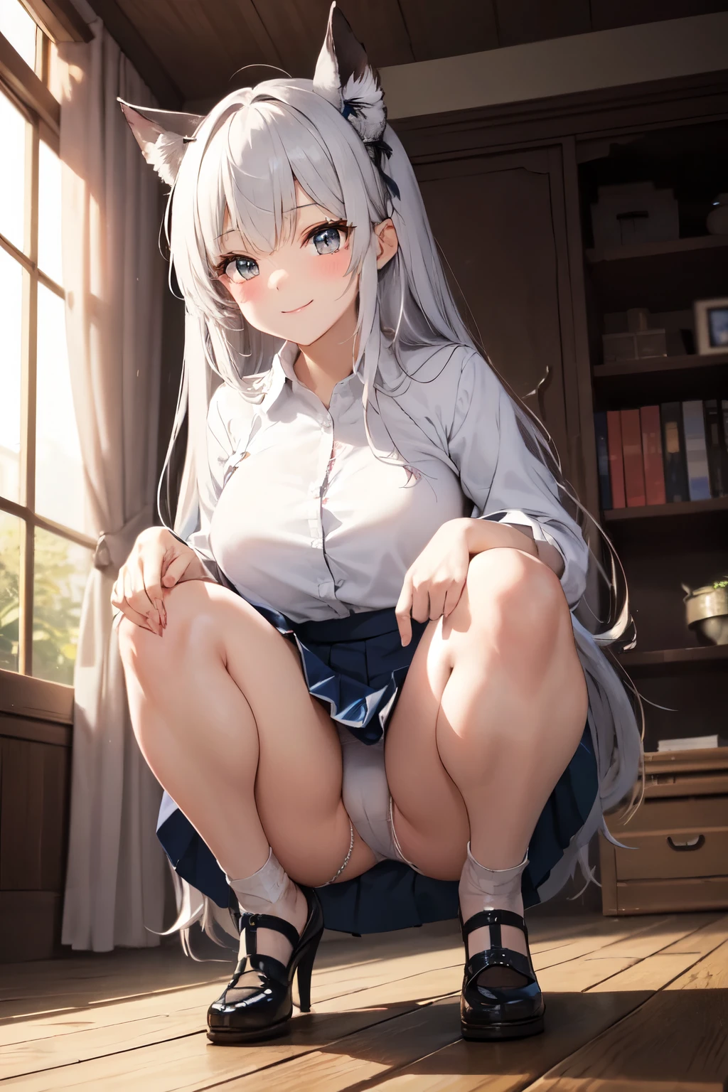 very cute and beautiful girl,(Very detailed美しい顔), (smile),blush,Black Hair,Seraphim,(White Hair、long hair),(White Shirt、Pleated navy blue pread your legs、Squat)、Sitting、(From below)、(Lace panties), Country road, (Highest quality,masterpiece:1.0),Absurd,High resolution,Super detailed,Very detailed,32K,8k resolution, Intricate details,Movie Scenes,Detailed Background,alone,Dynamic Angle,