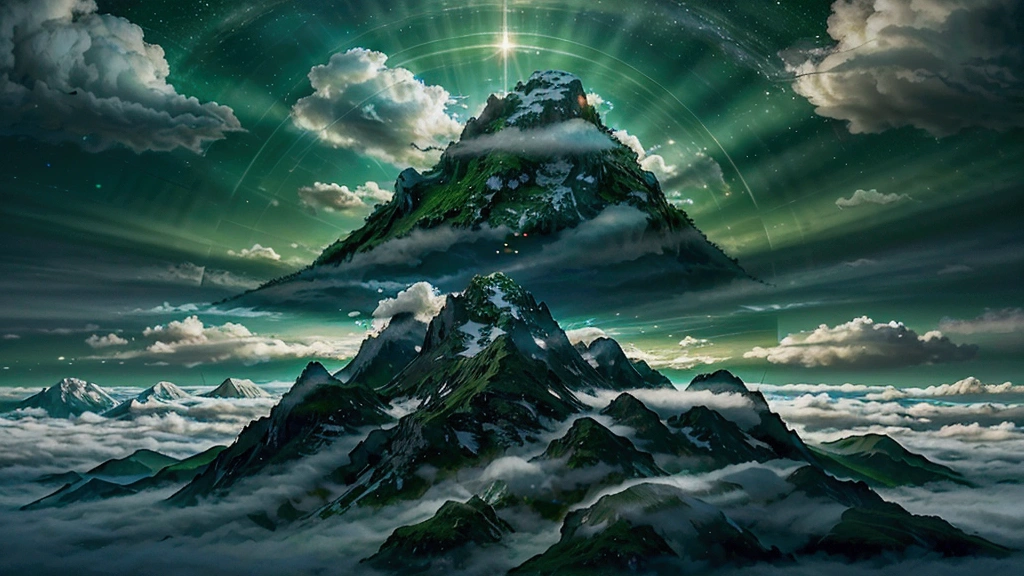 A giant mirror ball floating in space, Flickering Light, Sad hamster died (A tall mountain々A heaven like a green field surrounded by clouds:1.3), Airborne particles, God's Rays, Background Stars, Complex fractals, detailed, (figure), masterpiece, High resolution, Highest quality.
