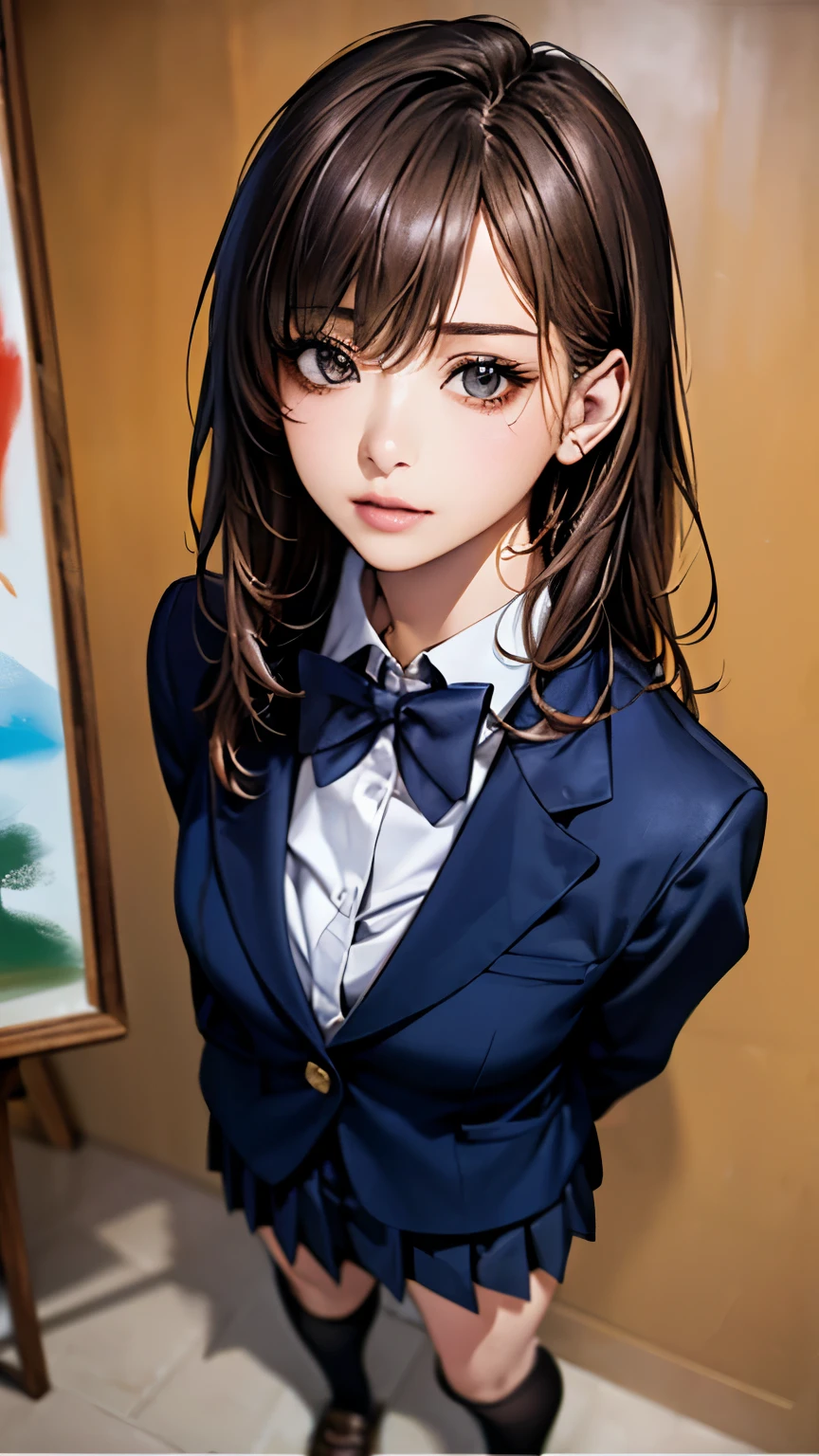 (hig彼st quality、8k、32K、masterpiece)、(Realistic)、(Realistic:1.2)、(High resolution)、Very detailed、Very beautiful face and eyes、1 girl、Delicate body、(hig彼st quality、Attention to detail、Rich skin detail)、(hig彼st quality、8k、Oil paints:1.2)、Very detailed、(Realistic、Realistic:1.37)、Bright colors、Full Body Shot, ((high school girl:1.6, Navy Blazer:1.6, Navy pleated mini skirt)), (Closed blazer, Grey bow tie, White collared shirt, Black thigh-high socks)