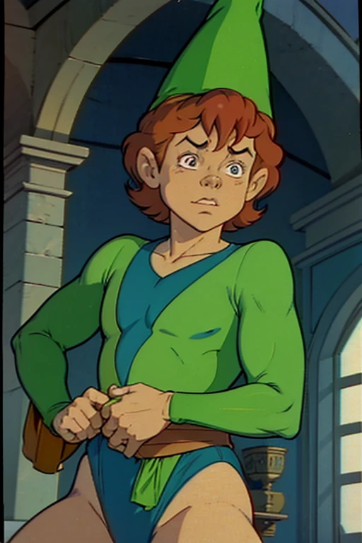 a redhead cartoon character dressed in a green leotard, very muscular, a young male wizard, 1980s cartoon, animated episode still, Presto (((mad))), ((He wears a wizard hat))