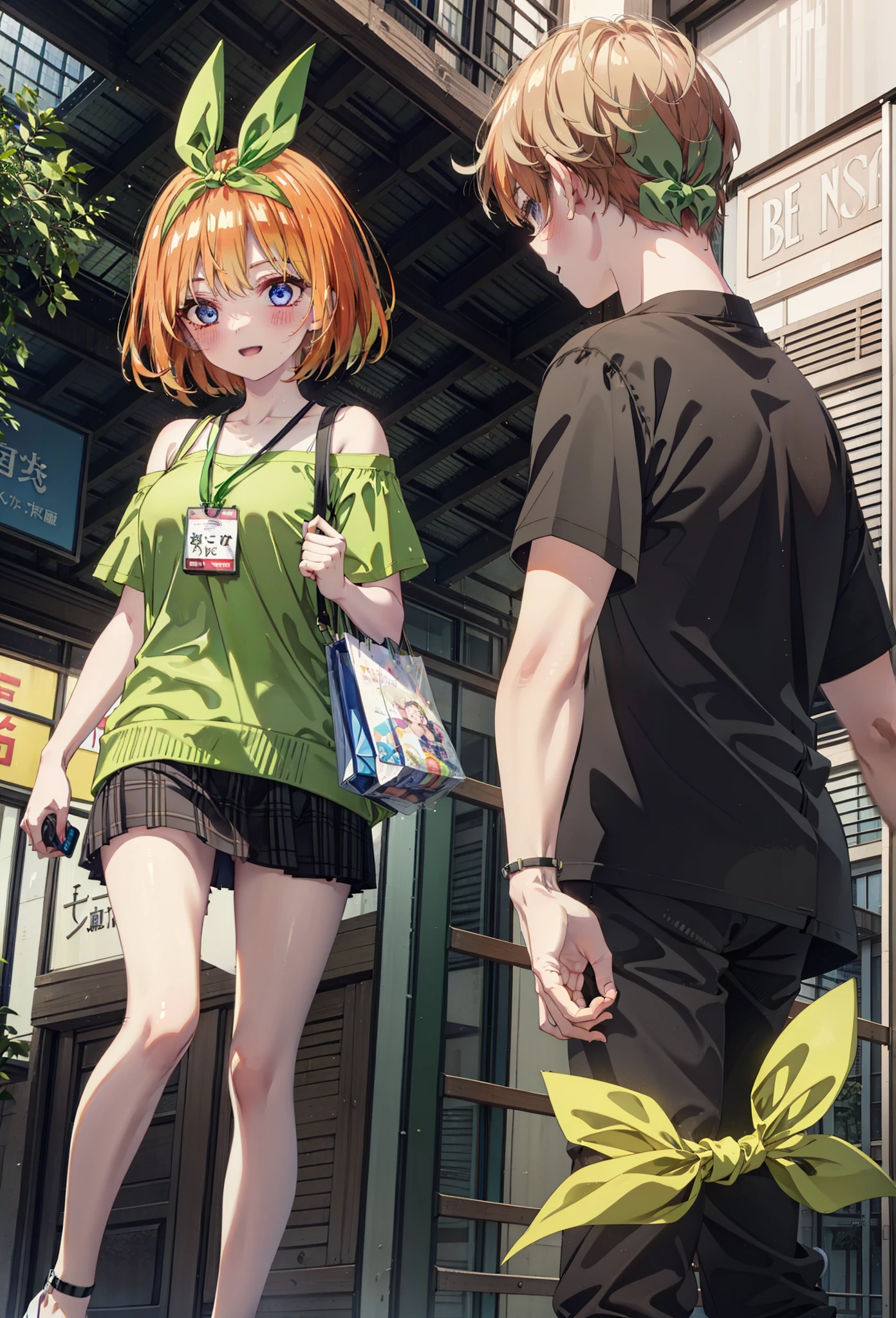 Yotsubanakano, Fourth floor Nakano, bangs, short hair, blue eyes, Hair between the eyes, hair ribbon, hair band, Orange Hair, (Green ribbon:1.5), smile, Open your mouth,blush,Cold Shoulder Shirt,Short sleeve,mini skirt,Heeled Sandals,Walking,True Summer,Clear skies,Daytime,Palm tree,whole bodyがイラストに入るように,
break outdoors, tropical,Tropical,Shopping Street,Shopping mall,
break looking at viewer,whole body,
break (masterpiece:1.2), Highest quality, High resolution, unity 8k wallpaper, (figure:0.8), (Beautiful attention to detail:1.6), Highly detailed face, Perfect lighting, Highly detailed CG, (Perfect hands, Perfect Anatomy),