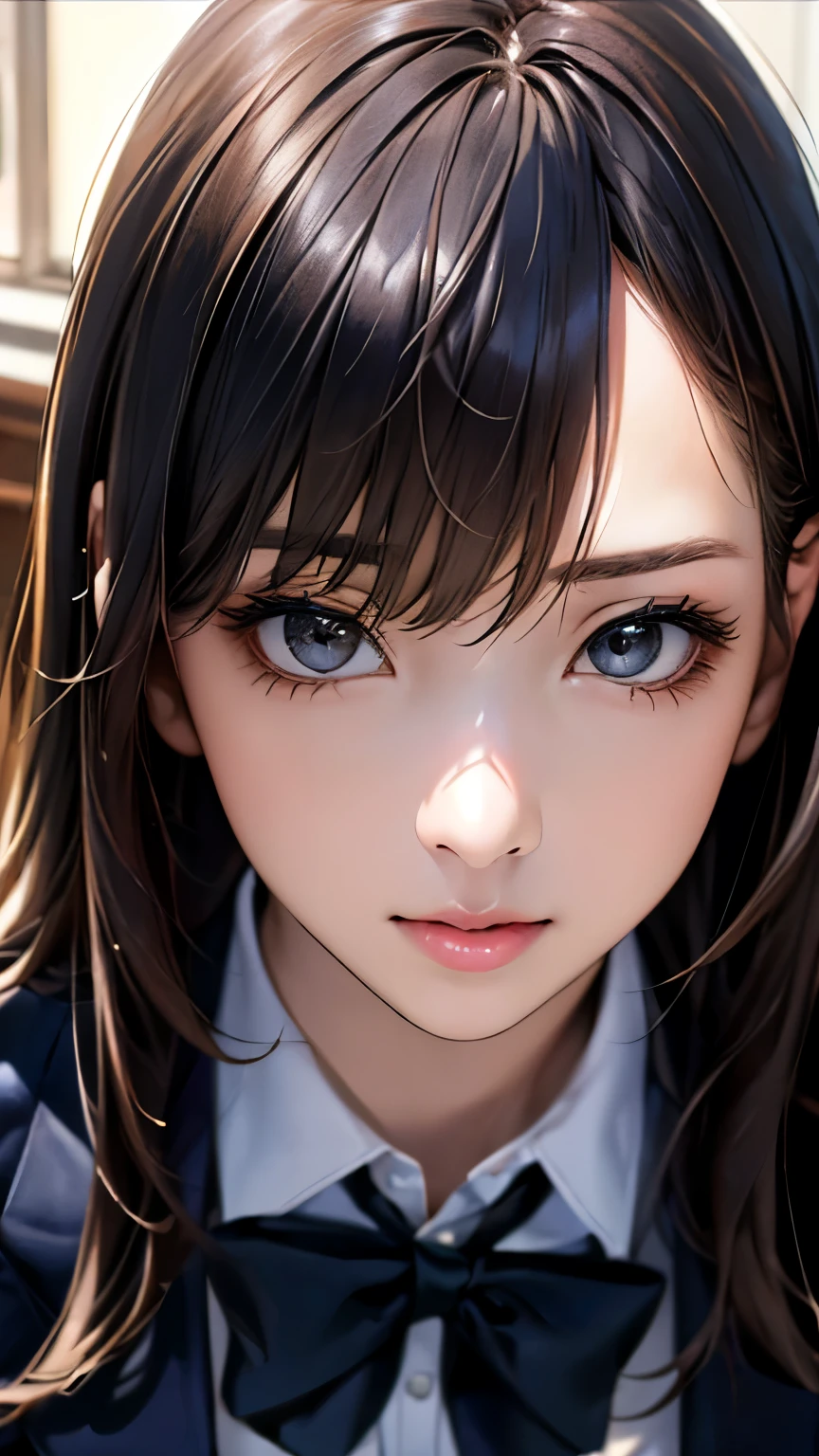 (hig彼st quality、8k、32K、masterpiece)、(Realistic)、(Realistic:1.2)、(High resolution)、Very detailed、Very beautiful face and eyes、1 girl、Delicate body、(hig彼st quality、Attention to detail、Rich skin detail)、(hig彼st quality、8k、Oil paints:1.2)、Very detailed、(Realistic、Realistic:1.37)、Bright colors、Full Body Shot, ((high school girl:1.6, Navy Blazer:1.6, Navy pleated mini skirt)), (Closed blazer, Grey bow tie, White collared shirt, Black thigh-high socks)