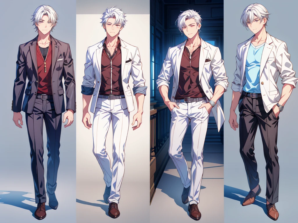 ((((best quality)))) , ((whole body)), 4 Boys, Adult male, multiple views, White background, Various hairstyles, Various fashion styles, hansome，Sexy pose, Fashionable atmosphere, Spring Clothing，Walking posture,  Extremely detailed CG, trousers, jacket
