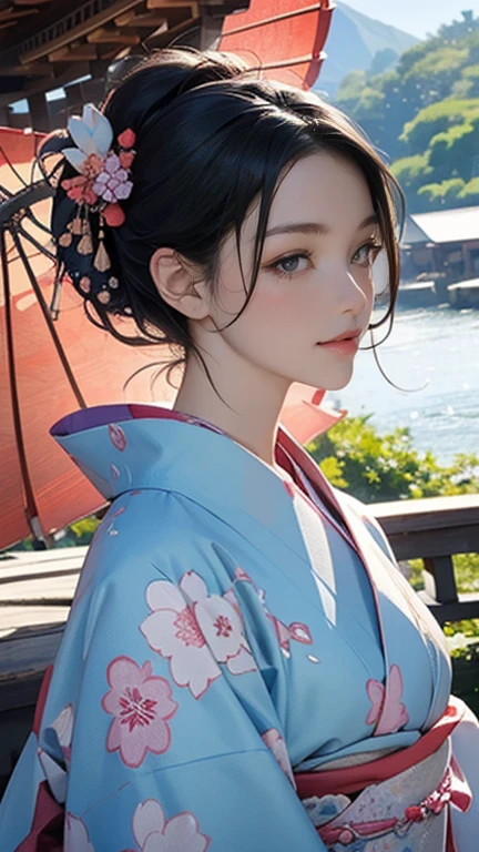 (Highest quality、 8k 、masterpiece、High resolution)、 Official Art、A woman in a kimono standing on a terrace、(Flower patterned kimono), (Beautiful Face,Beautiful Eyes,Beautiful nose,Pretty lips)、(The best CG)、Background、blue sky、Five-story pagoda、river、Mountain、Pavilion、Streetscape、