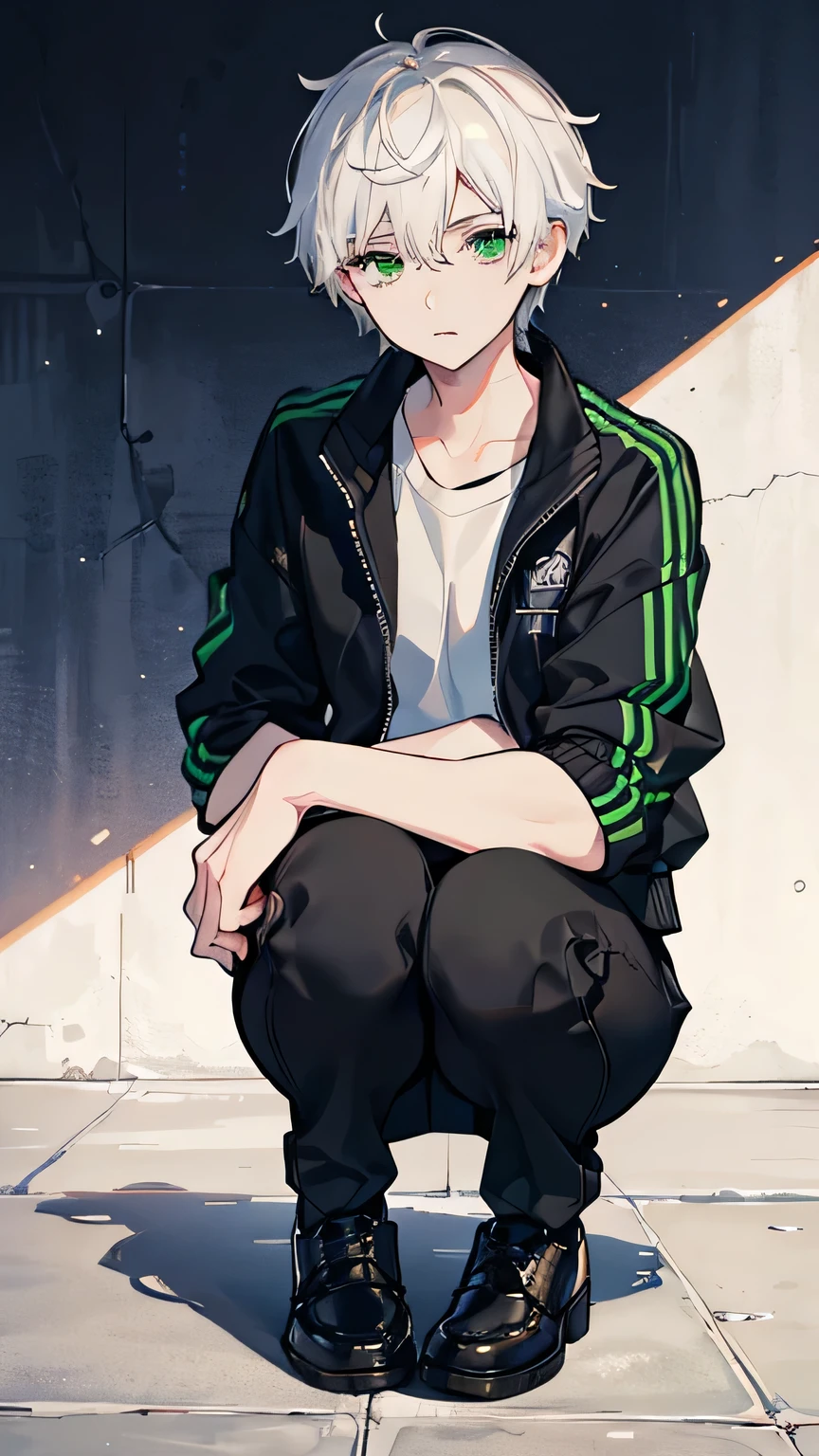 masterpiece, Facial details, Very detailed, 8k, Modern Style, ((One young man)), woman, Short white hair, Green Eyes, black track jacket, Black trousers, I can see the shoes, White Background, joy, squatting, front,