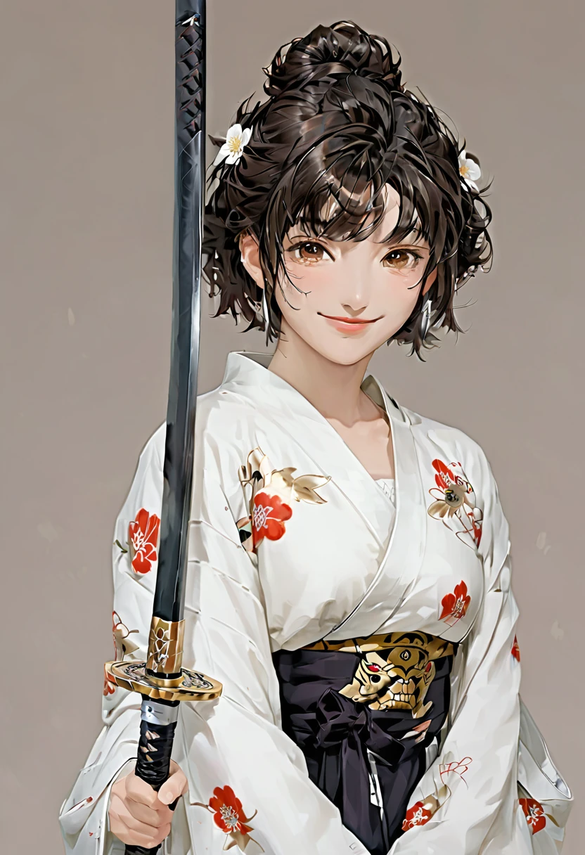 1 Girl, Solitary, Japanese clothes, short hair, arms, sword, Brown eyes, Looking at the audience, kimono, Brown hair, Lips, Hands on Hips, sheath, Smile, Samurai sword, Black Hair, Upper Body, Shut up, sheathed, hands up  