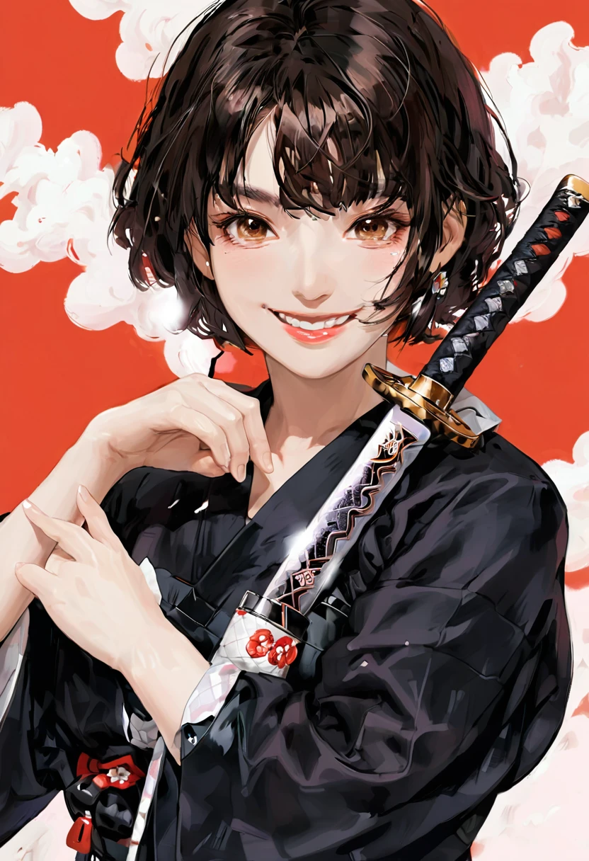 1 Girl, Solitary, Japanese clothes, short hair, arms, sword, Brown eyes, Looking at the audience, kimono, Brown hair, Lips, Hands on Hips, sheath, Smile, Samurai sword, Black Hair, Upper Body, Shut up, sheathed, hands up  