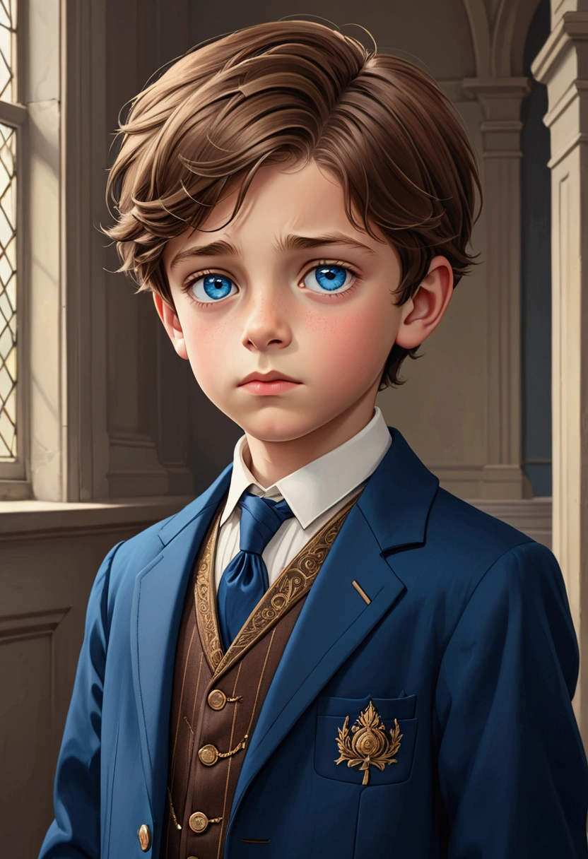 a beautiful boy, 9 years, very fine European features, Brown hair, blue eyes, very formal London clothes, sad look, peaceful look.