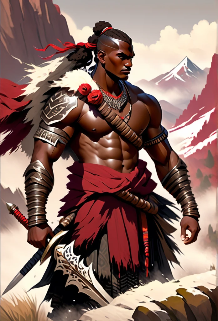 Ultra Realistic, Highly Defined Details, Rose flower, Snowy Mountain Range, Shadowy Distant Back Drop, Bones Liter The Ground, Shandy Color Shading Capturing the Mode, Young Adult African Male Villager, holding a Rose Flower, On Top Of Tall Mountain, Piercing Gaze, Serious Sharp Facial Features, Fit Athletic Muscular Physique, Bone Mail Armor, Peaces of tribal decorations tied to armbands, Bone chest plate armor, Lightly armored belt buckle dagger and in a sheath, Bone carved Hilt and Sword, wrapped in crimson decorated cloth Worn On the Back, Dark Crimson Cloak, Distant Shot Full Body View, Holding a Flaming Rose, Snowy Day, Snowy Mountain, Snow on the Ground, A lot of Snow, Tribal Village, Distance Picture, 6 meters Distant Side View Angle, Side View picture, no flaming rose, no burning flower