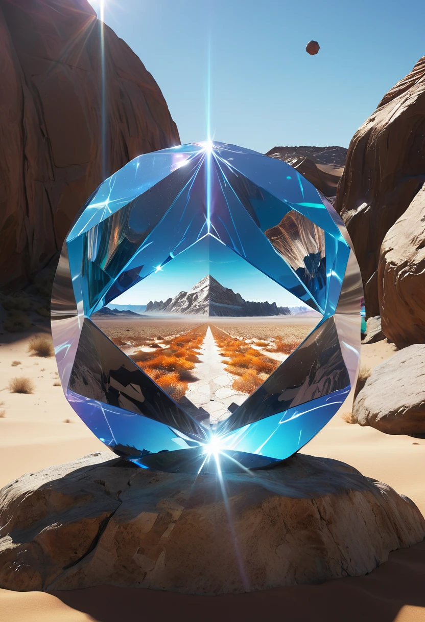 Close up of a large crystal on a rock in the desert, Animation style rendering, Atlas, CD cover art, sphere, Flare deformation, pierre pellegrini 和 ash thorp, Anamorphic, The Platonic Solids, Space scene, Psychedelic, Promotional image, aspect