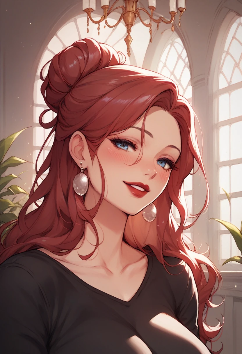 Hot sexy beautiful one women, long silver chandelier earrings,big breasts, ,red hair , hair bun,blush,blue eyes, smiling,red lipstick, black shirt, long sleeves