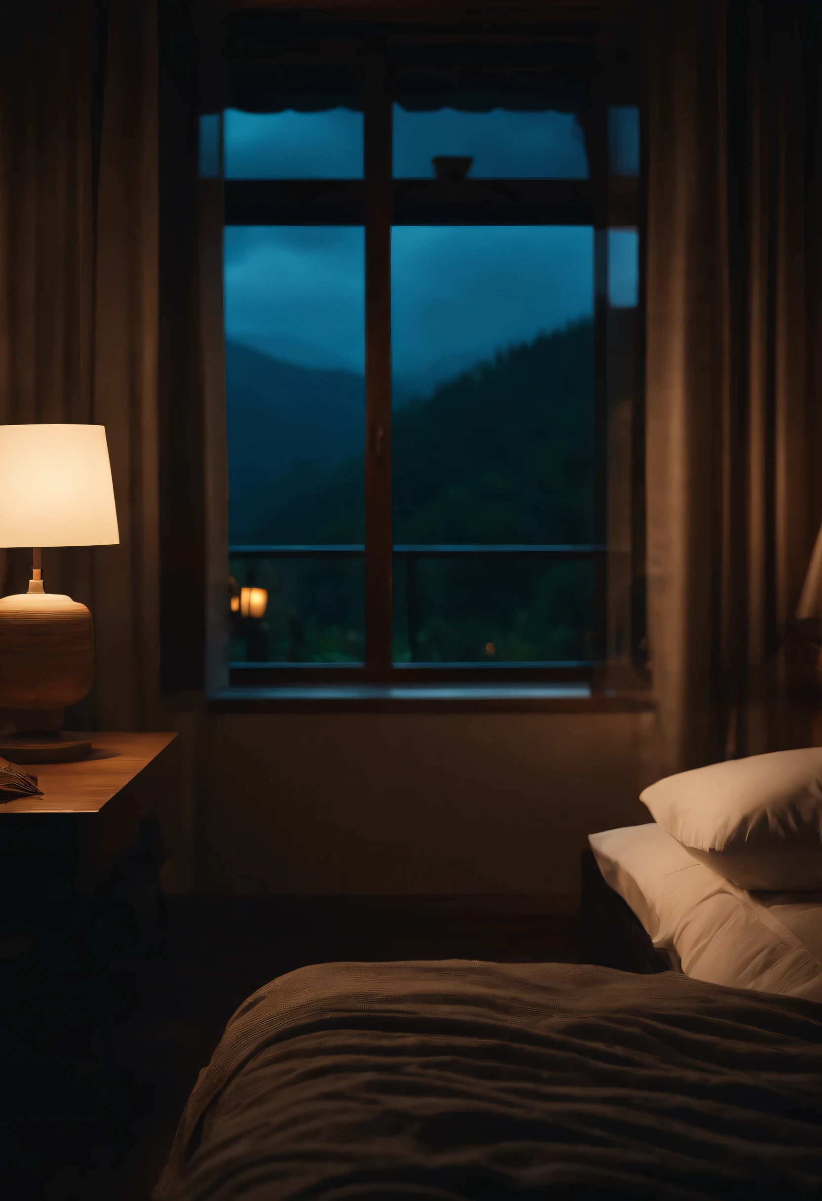 (masterpiece, bestquality),Bedroom with valley view,Outside the window,It's raining,Fog,Comfy bed.,forests,warm,Evening lighting