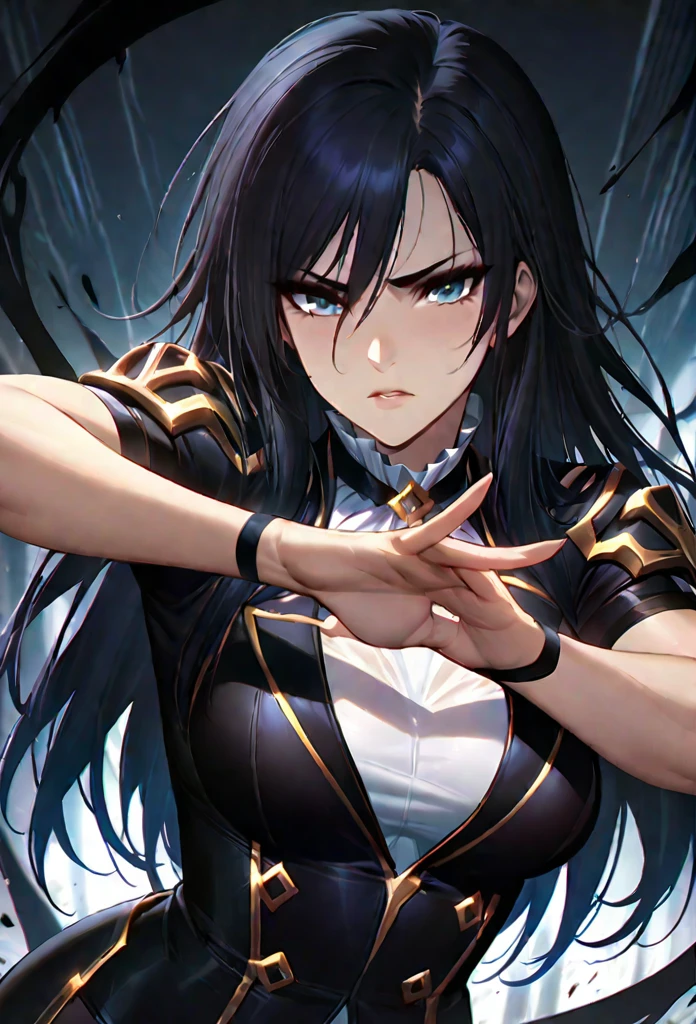 (masterpiece high quality) Arcane, caitlyn, black hair, 1girl, long hair, bangs, black attire, normal , messy hair, white top suit, black  badass pose, anime style character, highly detailed exquisite fanart, neoartcore high quality fanart
