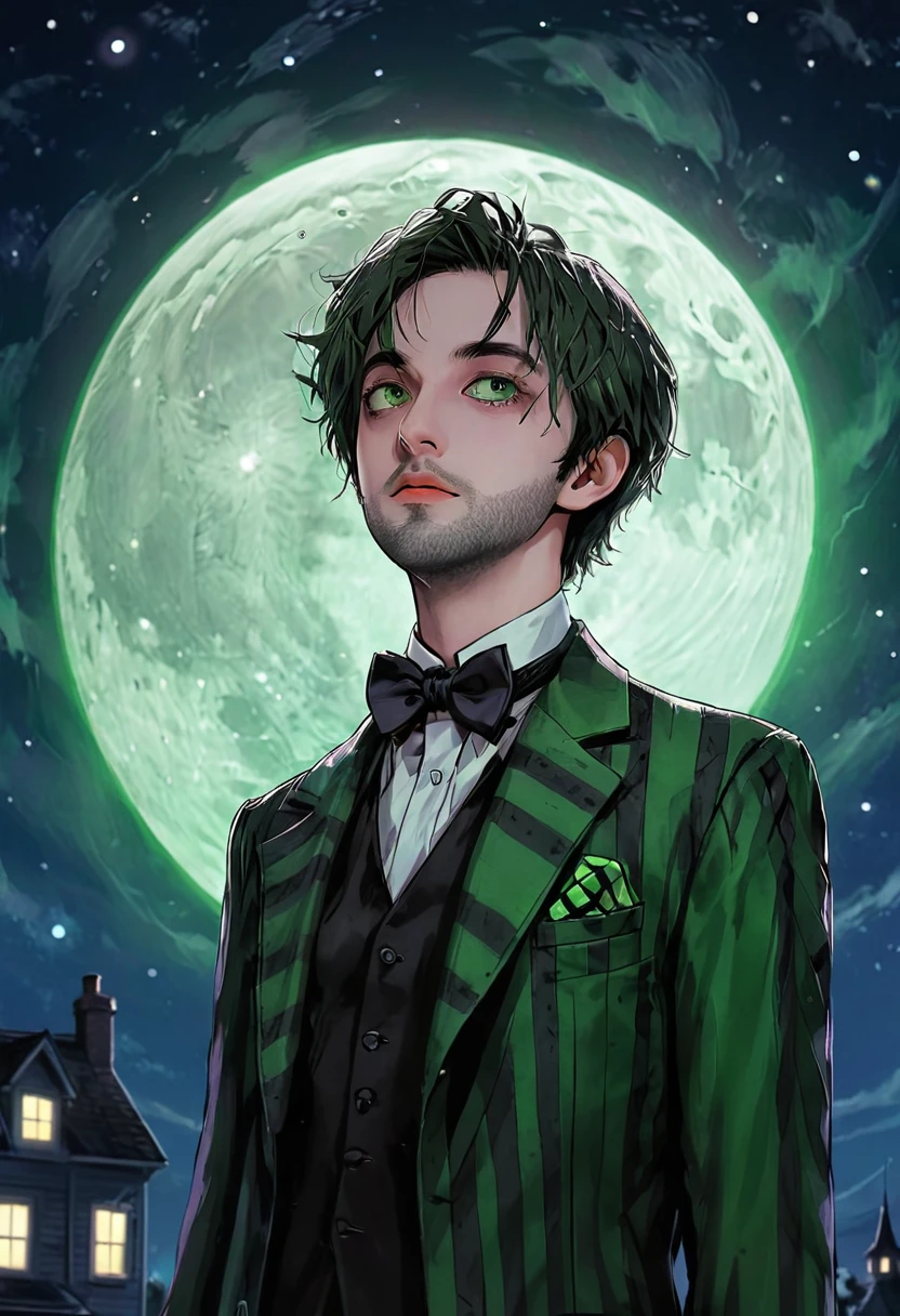 daughter, Beetlejuice, Japanese cartoons, Comic Style, alex brightman Starring as Beetlejuice,1 boy, aurora, beard, black bow, black bowtie, bow, bowtie, beard, formal, Green Eyes, Green Hair, Male focus, beard, night, night Sky, Practical, shooting Star, Sky, Solitary, space, spark, Star (Sky), Starry Sky, Set, Tuxedo, WLOP, Gu Weiss, daughter