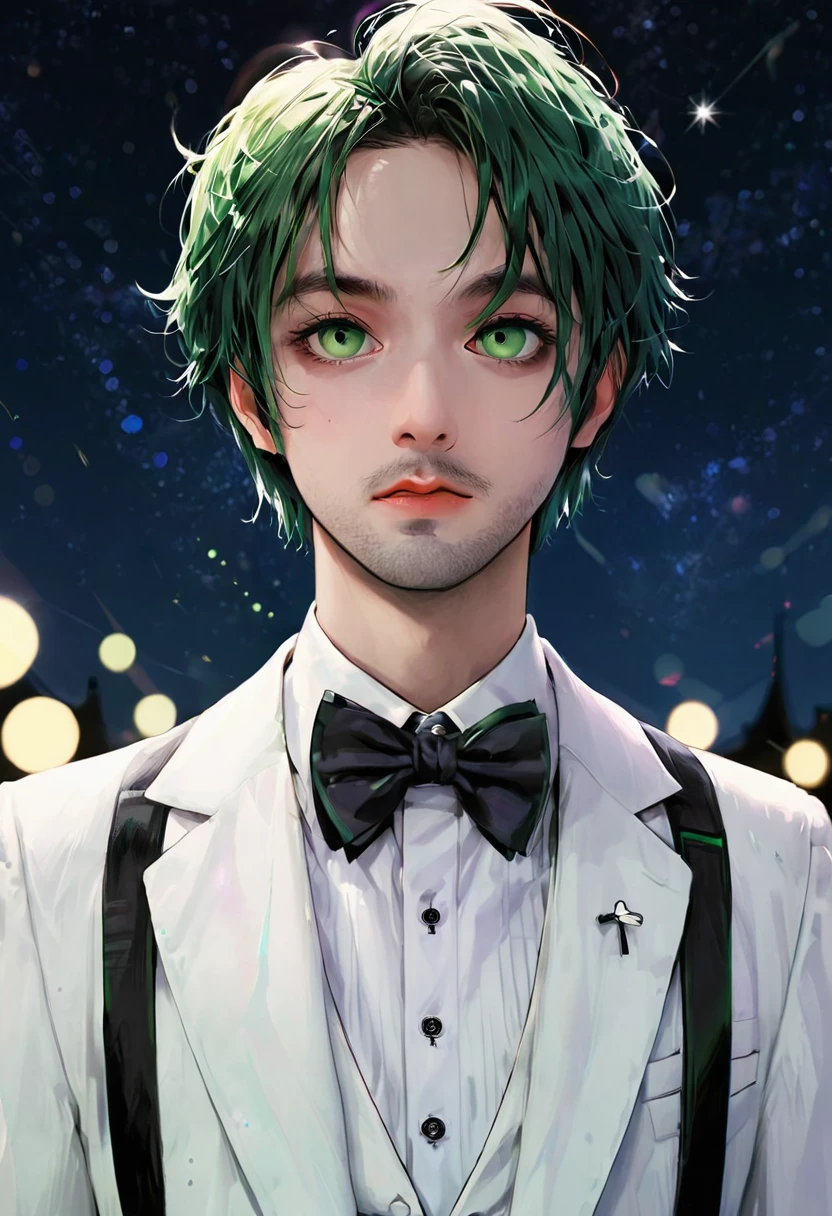 daughter, Beetlejuice, Japanese cartoons, Comic Style, alex brightman Starring as Beetlejuice,1 boy, aurora, beard, black bow, black bowtie, bow, bowtie, beard, formal, Green Eyes, Green Hair, Male focus, beard, night, night Sky, Practical, shooting Star, Sky, Solitary, space, spark, Star (Sky), Starry Sky, Set, Tuxedo, WLOP, Gu Weiss, daughter