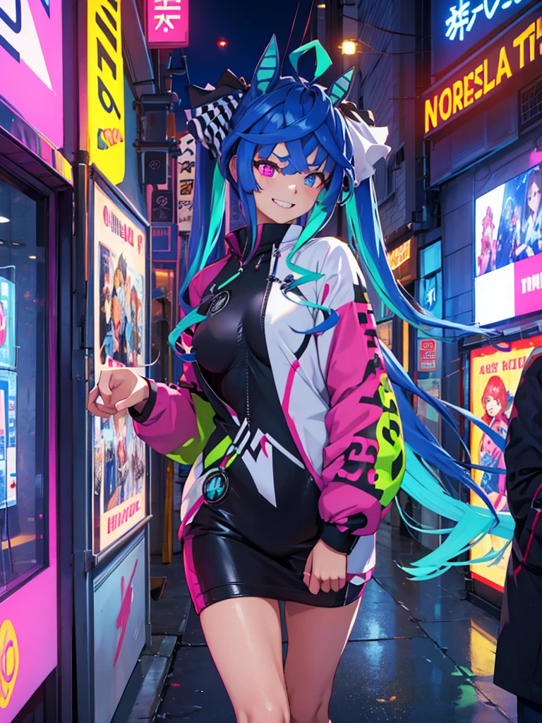 (​masterpiece、top-quality、hight resolution、Unity 8k Wallpaper、extremely details CG:1)、A bustling nightlife district with bright neon signs and colorful storefronts. In front of a sex establishment, a glamorous sex worker stands, dressed in a revealing and eye-catching outfit. She is engaging passersby, handing out flyers and smiling invitingly. The storefront is adorned with vibrant posters and flashy neon lights, creating an energetic and lively atmosphere. People are walking by, some glancing curiously at the establishment while others hurry past.  nsfw, Twin_Turbo_Umamusume, aqua hair, twintails, heterochromia, purple eyes, blue eyes, sharp teeth, nsfw, short stature, small breasts