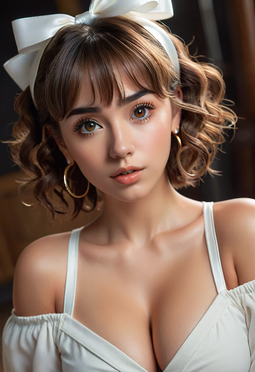 (best quality, 4k, highres, highres face details),18 yrs old, 1girl, solo, athletic figure, tan skin, hoop earrings, perfect nose, perfect lips, fake lashes, large breasts, large butt, deep cleavage, pretty face, cute face, wearing an off the shoulder white blouse, midriff showing, wearing leggings, brown hair, short curly hair, crossed bangs, brown eyes, constricted pupils, hair ribbon, hoop earrings, cinematic lighting, Ultra-Wide Angle, Canon, Hyperrealism, UHD, masterpiece, textured skin, high details, best quality, detailed eyes, detailed iris, full body image, posing for the camera