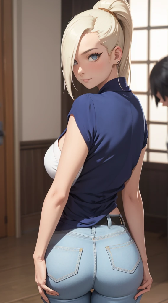 Ino yamanaka, snowing, sat,Cleavage,smil,Be red in the face,inside the room,Close-up Close-up,with a good figure,mid large breasts,someone, open white shirt,Blaue skinny Jeans,both arms behind the back,perfect ass,View from behind,view of the ass,Ass looks into the camera,round ass,shows her ass