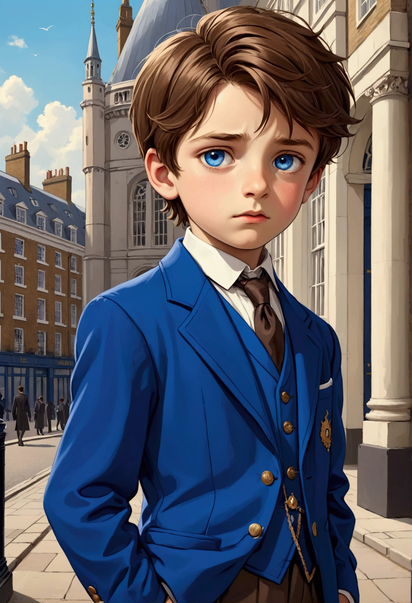 a beautiful boy, 9 years, very fine European features, Brown hair, blue eyes, very formal London clothes, sad look, peaceful look.