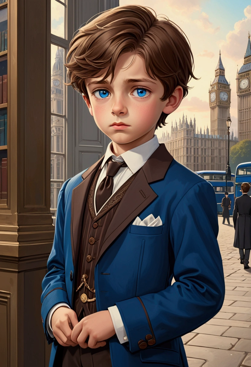 a beautiful boy, 9 years, very fine European features, Brown hair, blue eyes, very formal London clothes, sad look, peaceful look.