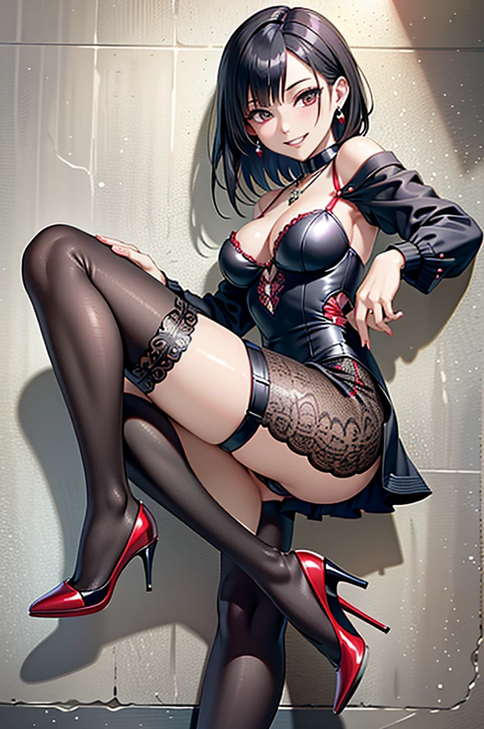(masterpiece:1.5),(best quality, highest quality:1.2),ultra intricate detail, Beautiful 1girl,Great style, realistic, (High heels:1.2), Patterned stockings, Small earrings,necklace,(Red and black one-piece((High heels,Patterned stockings))),((Leaning against a wall)),Black rubber gloves,Realistic photo,(Medium cut hair),Stand at an angle,(Eyes warp)、(Grin),(smug face)