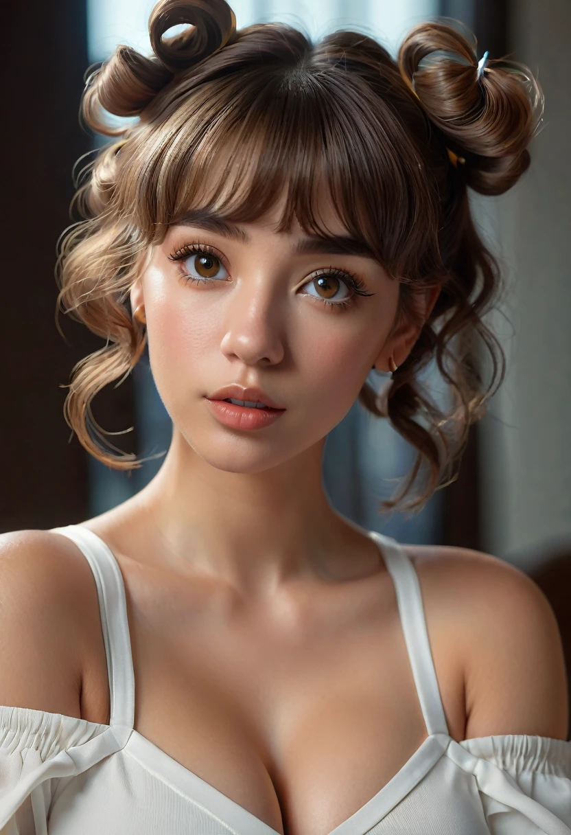 (best quality, 4k, highres, highres face details),18 yrs old, 1girl, solo, athletic figure, tan skin, hoop earrings, perfect nose, perfect lips, fake lashes, large breasts, large butt, deep cleavage, pretty face, cute face, wearing a black bathrobe, big nipples, naked underneath, soaking wet, brown hair, short curly hair, crossed bangs, brown eyes, constricted pupils, hair ribbon, hoop earrings, cinematic lighting, Ultra-Wide Angle, Canon, Hyperrealism, UHD, masterpiece, textured skin, high details, best quality, detailed eyes, detailed iris, full body image, posing for the camera