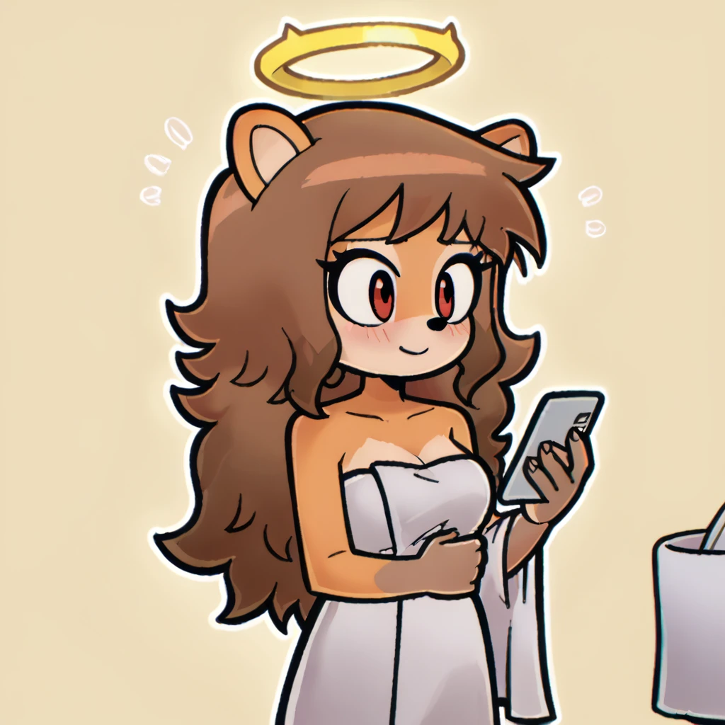 score_9, score_8_up, mobian, hedgehog, two-tone fur ((orange fur, brown fur)), wrapped in towel, medium breasts, two-tone hair (brown hair, black tip)), curly hair, halo, red eyes, longeyelashes, red eyes, smile, shy, blush, holding phone